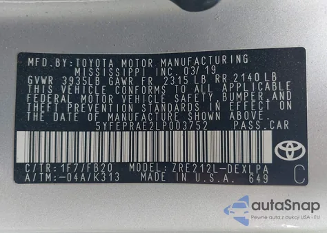 2020 Toyota Corolla Le из США, поврежденный, VIN 5YFEPRAE2LP003752